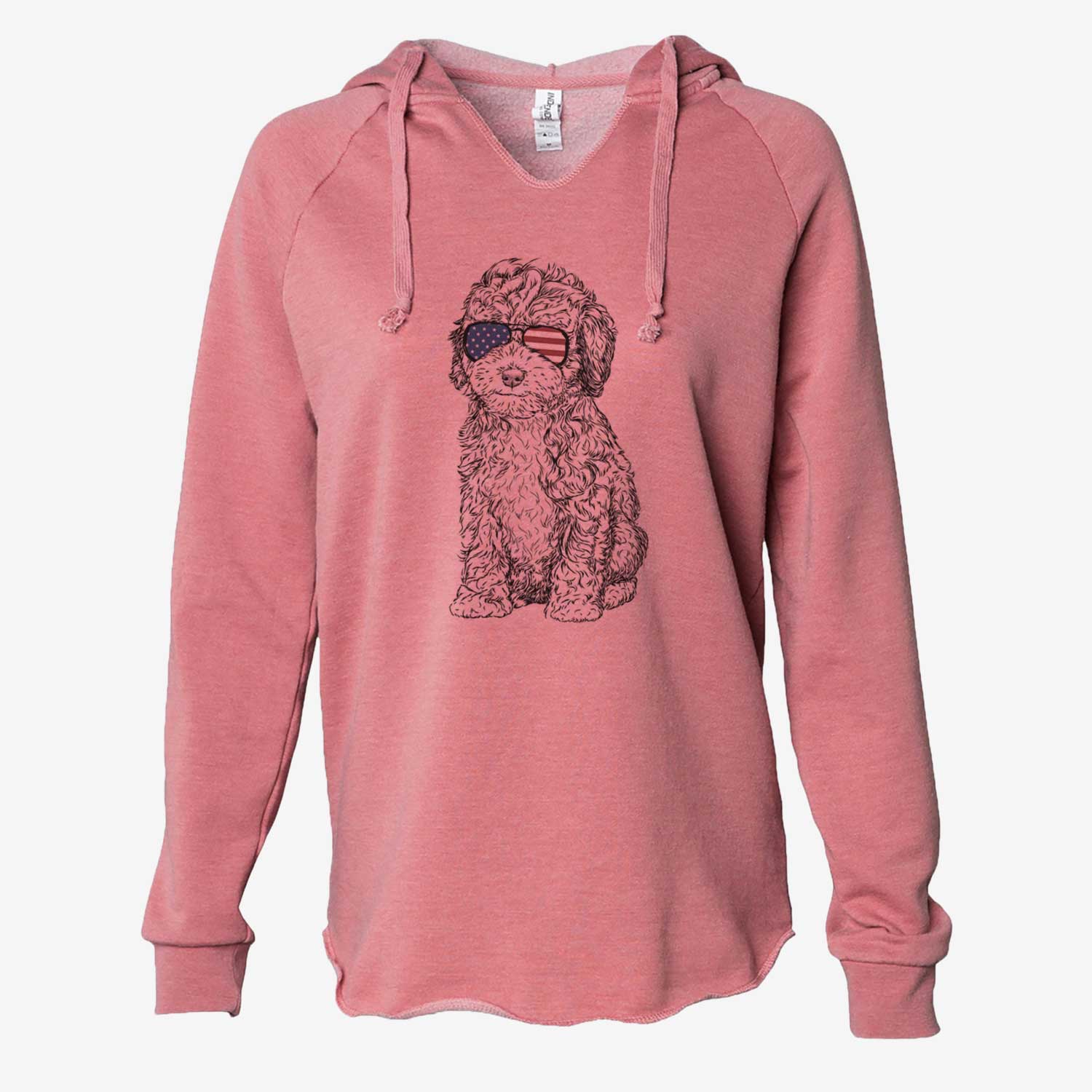 Hand-drawn sketch of Sweet Tea the Mini Doodle wearing American flag sunglasses on a Dusty Rose Cali Wave Hooded Sweatshirt