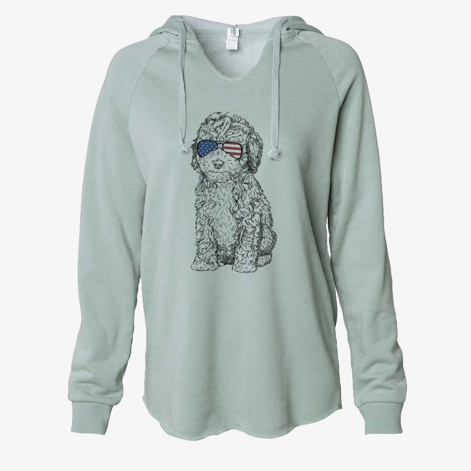 Hand-drawn sketch of Sweet Tea the Mini Doodle wearing American flag sunglasses on a Sage Cali Wave Hooded Sweatshirt