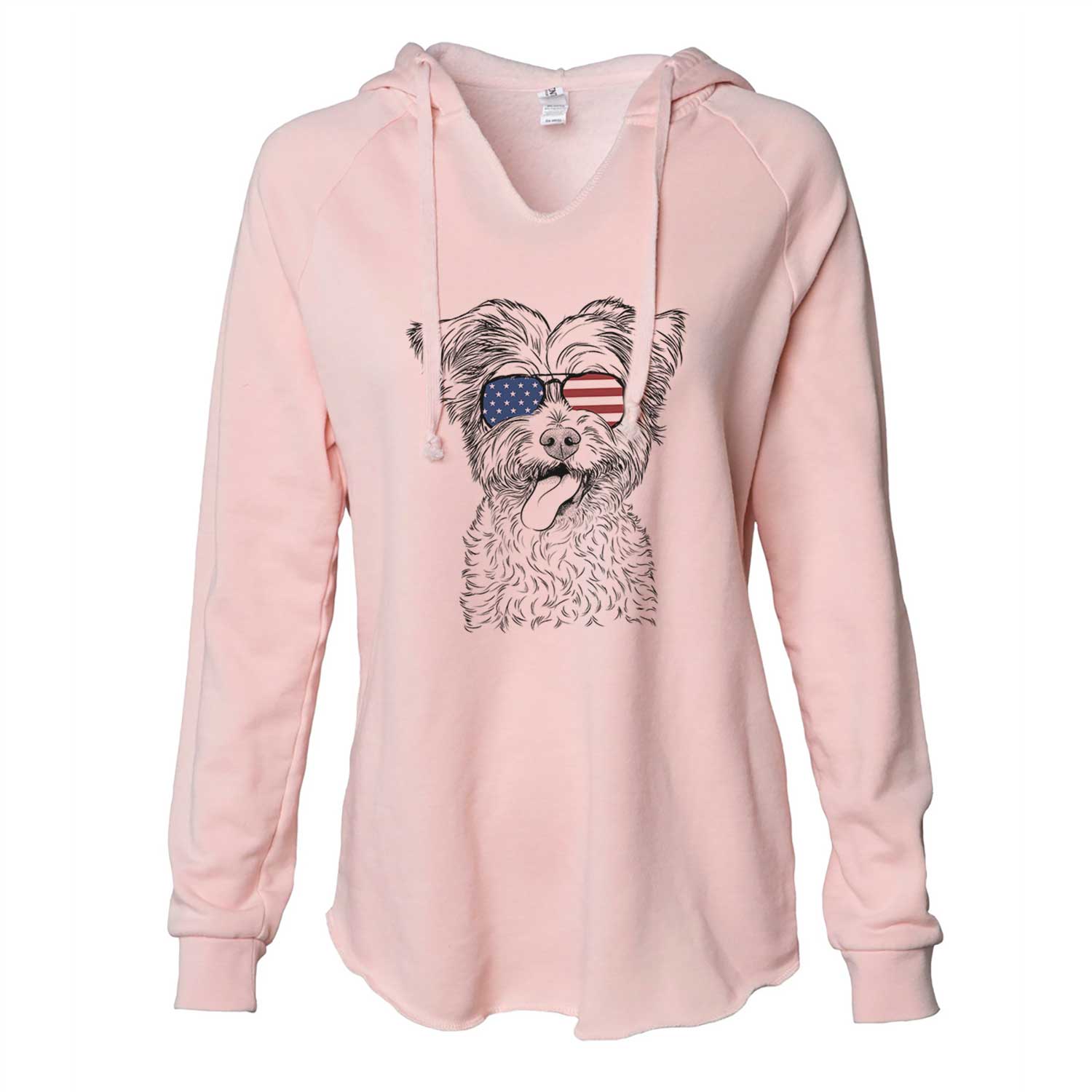 Hand-drawn sketch of Sweetie the Terrier Mix wearing American flag sunglasses on a Blush Cali Wave Hooded Sweatshirt