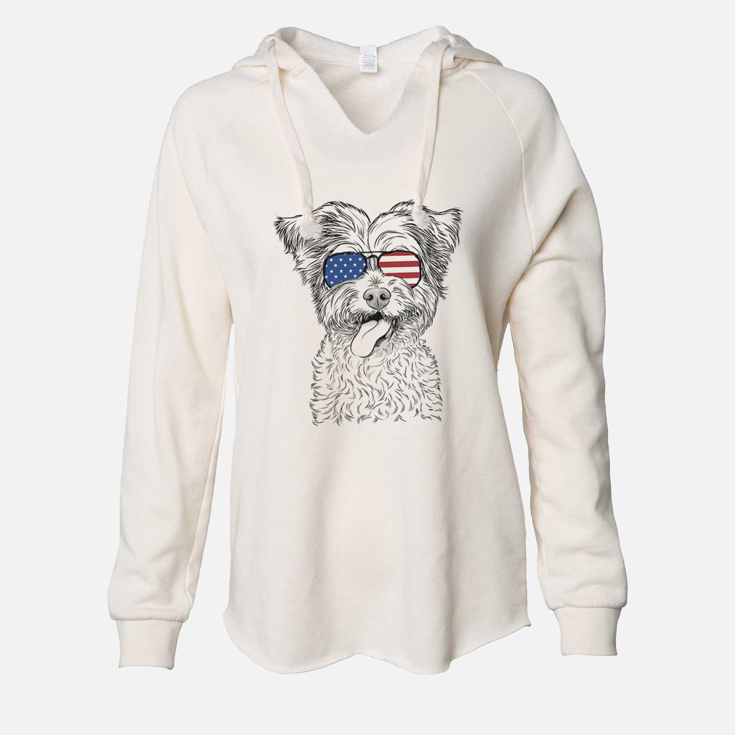 Hand-drawn sketch of Sweetie the Terrier Mix wearing American flag sunglasses on a Bone Cali Wave Hooded Sweatshirt