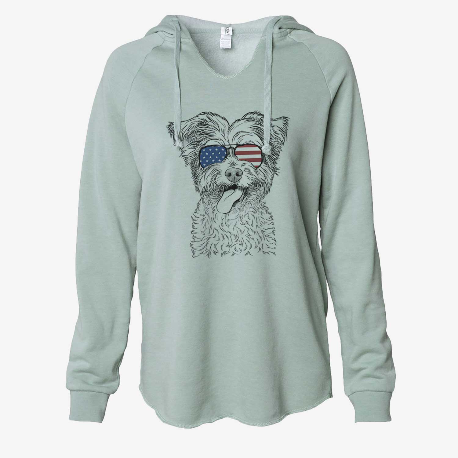 Hand-drawn sketch of Sweetie the Terrier Mix wearing American flag sunglasses on a Sage Cali Wave Hooded Sweatshirt