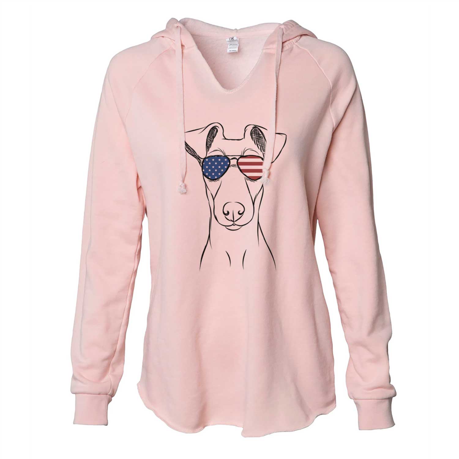 Hand-drawn sketch of Tanner the Fox Terrier wearing American flag sunglasses on a Blush Cali Wave Hooded Sweatshirt