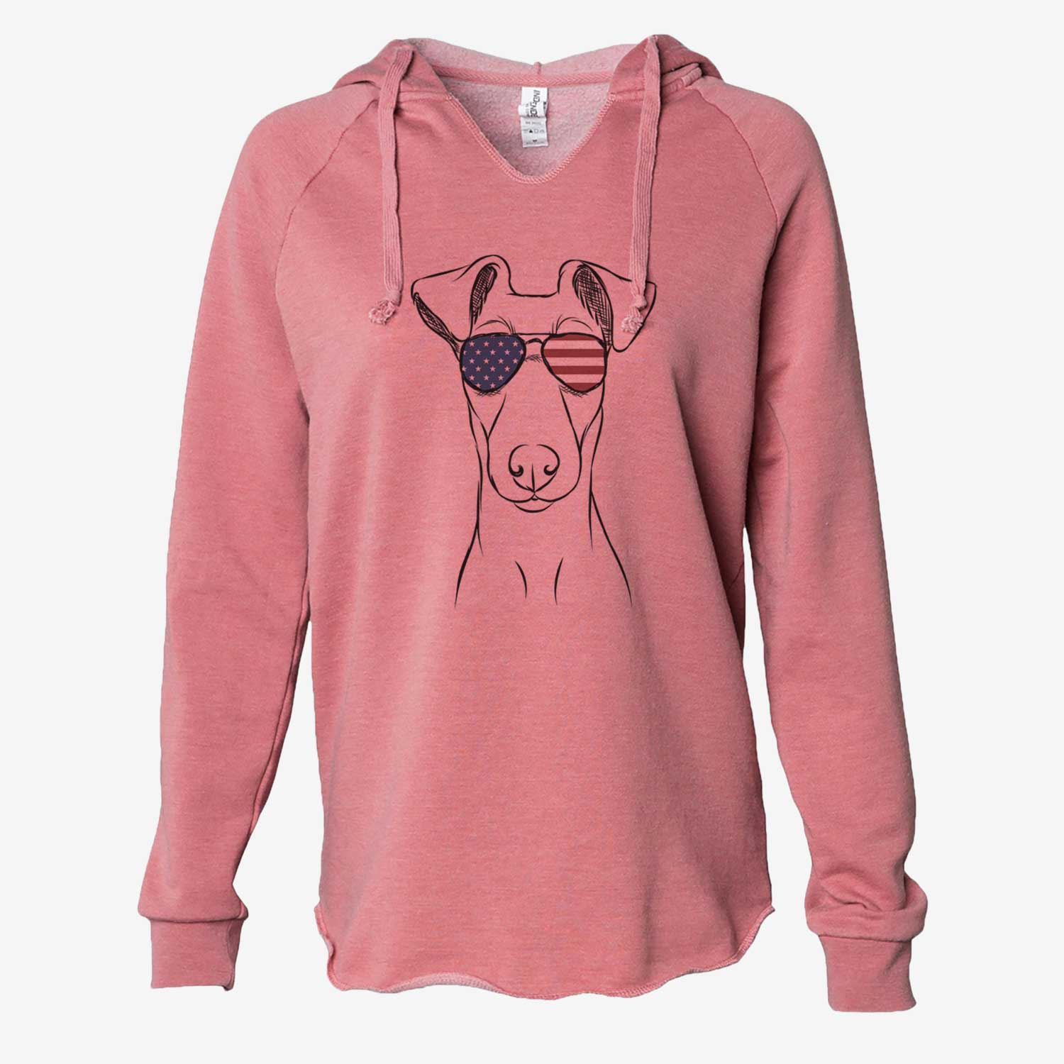 Hand-drawn sketch of Tanner the Fox Terrier wearing American flag sunglasses on a Dusty Rose Cali Wave Hooded Sweatshirt