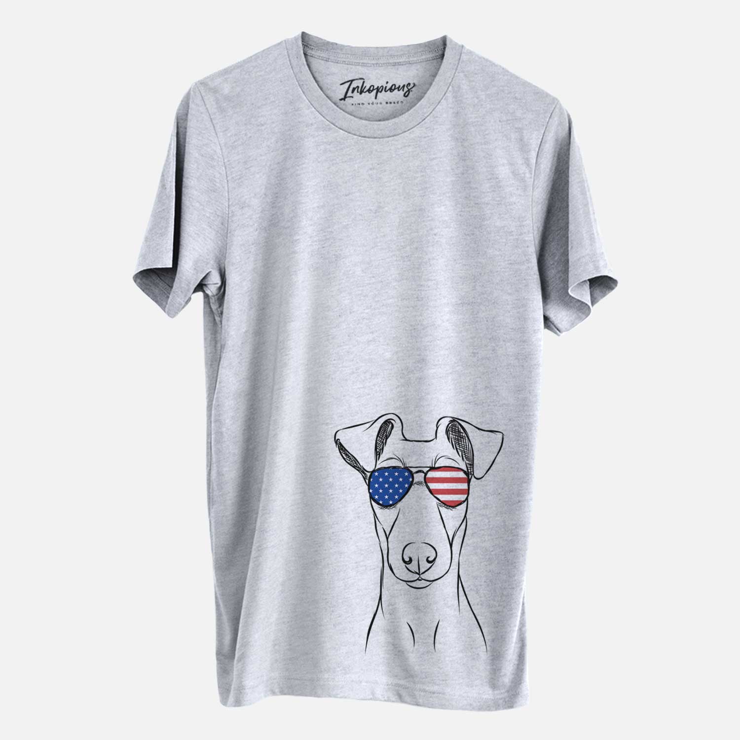 Hand-drawn sketch of Tanner the Fox Terrier wearing American flag sunglasses on a Grey Unisex crewneck
