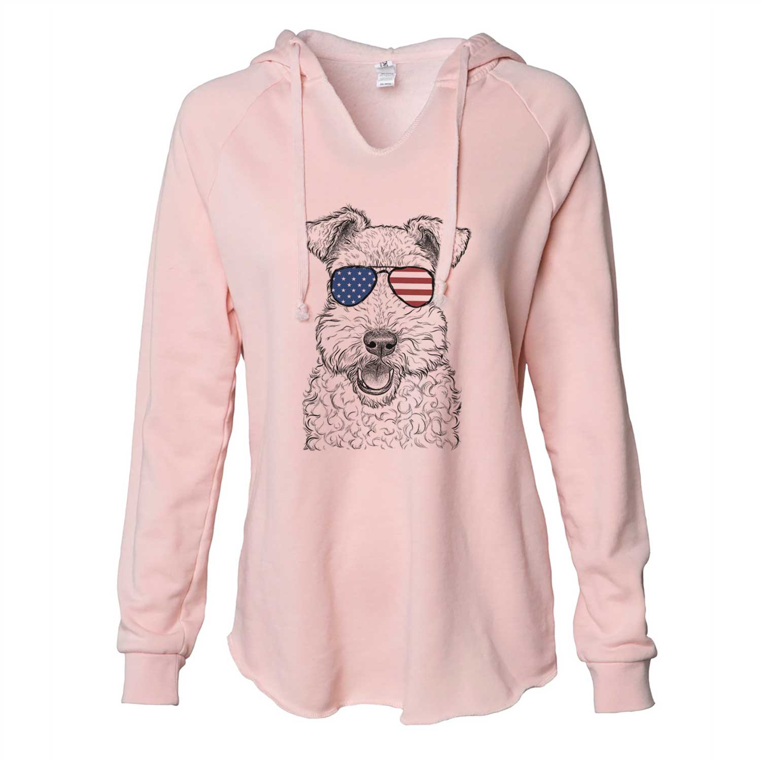 Hand-drawn sketch of Ted the Wire Fox Terrier wearing American flag sunglasses on a Blush Cali Wave Hooded Sweatshirt