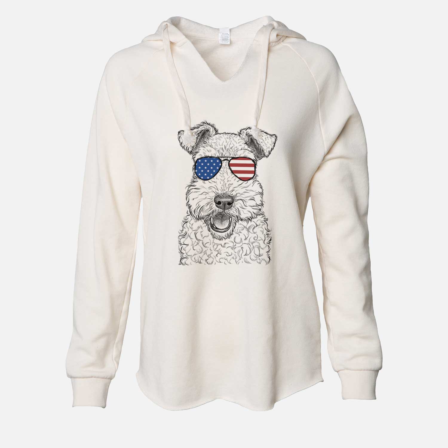 Hand-drawn sketch of Ted the Wire Fox Terrier wearing American flag sunglasses on a Bone Cali Wave Hooded Sweatshirt