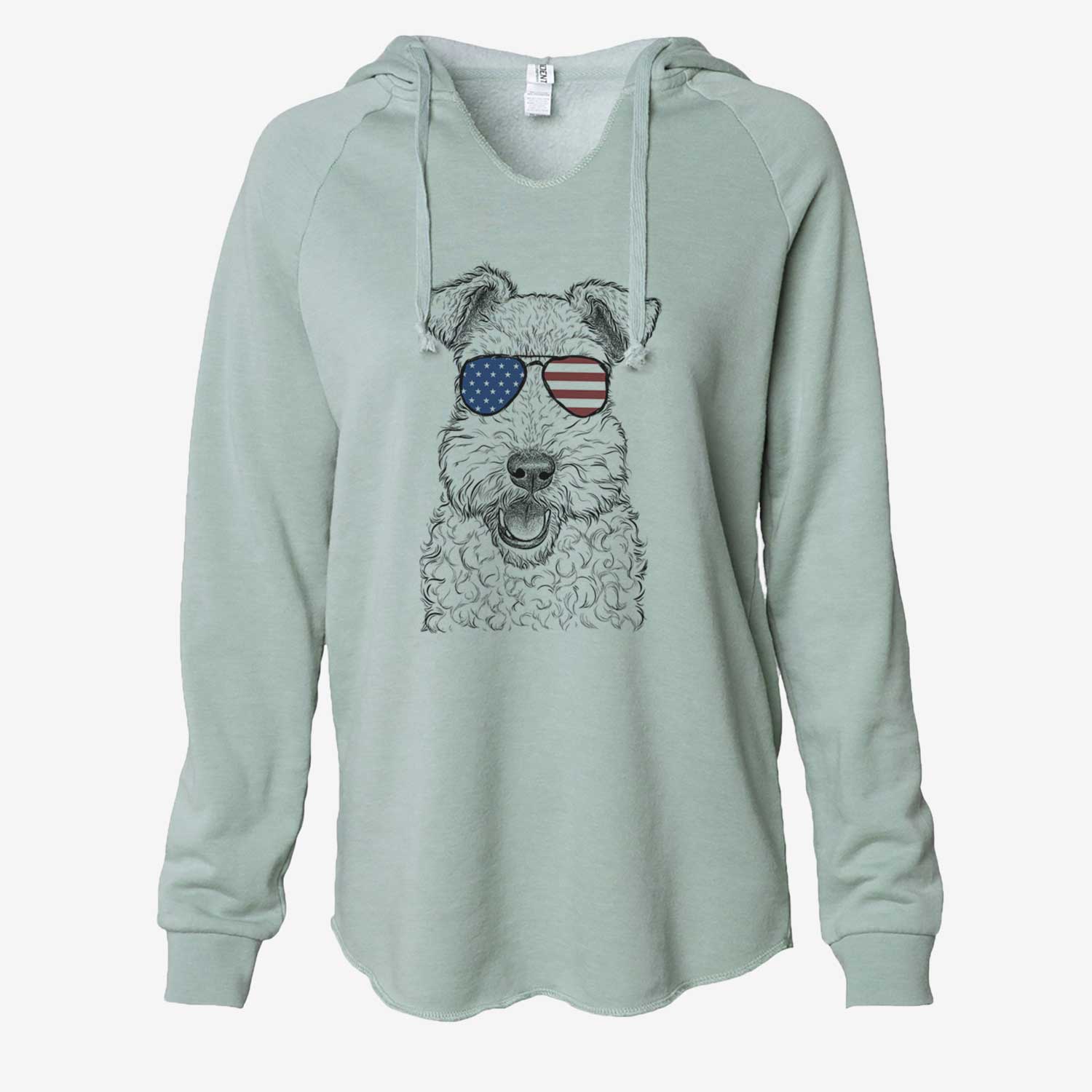 Hand-drawn sketch of Ted the Wire Fox Terrier wearing American flag sunglasses on a Sage Cali Wave Hooded Sweatshirt