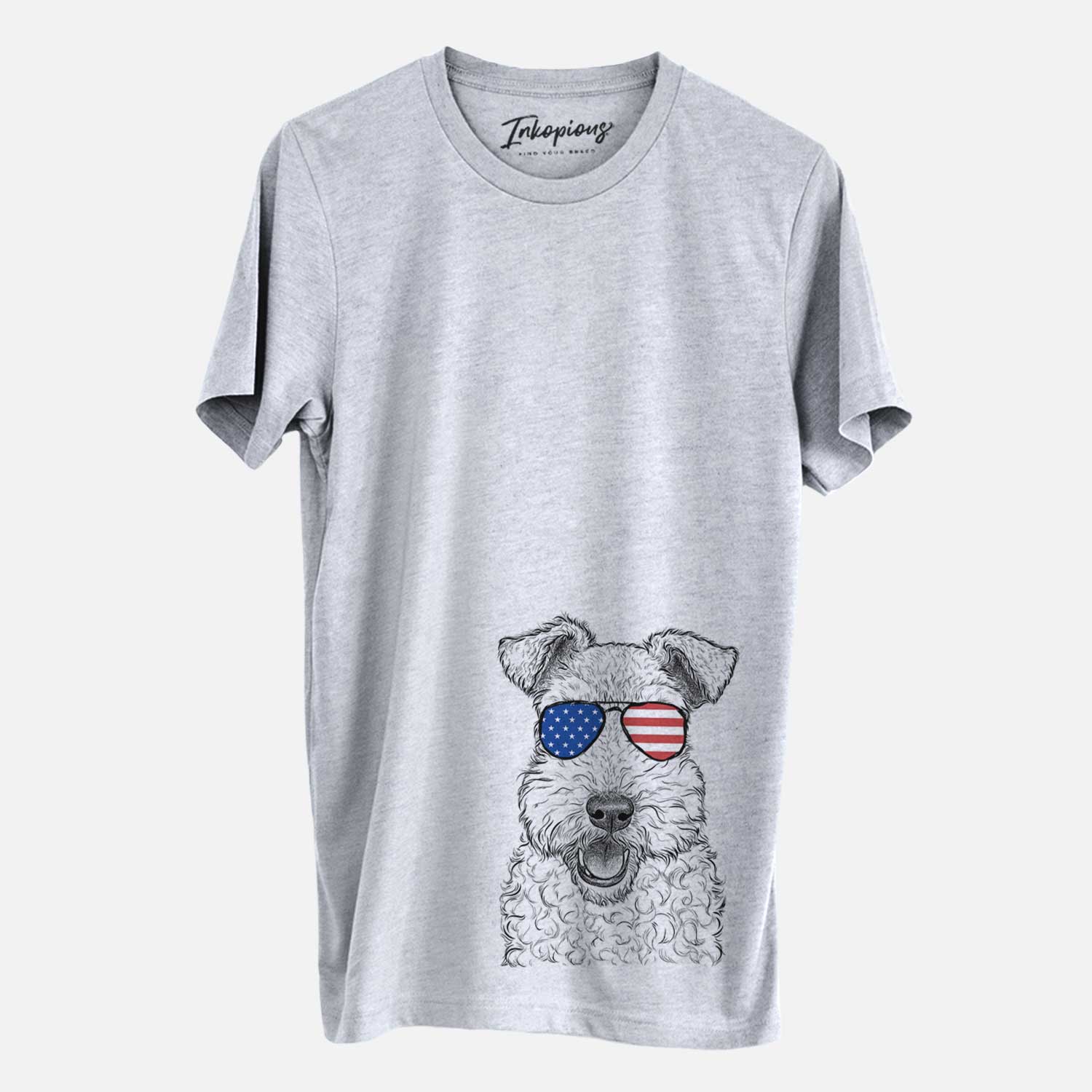 Hand-drawn sketch of Ted the Wire Fox Terrier wearing American flag sunglasses on a Grey Unisex crewneck