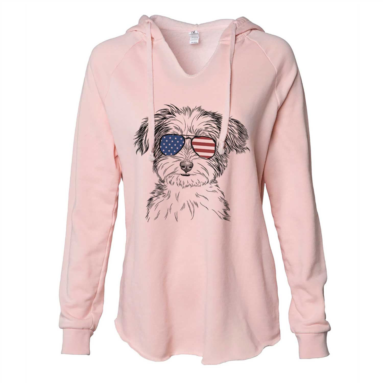 Hand-drawn sketch of Teddy the Havanese wearing American flag sunglasses on a Blush Cali Wave Hooded Sweatshirt