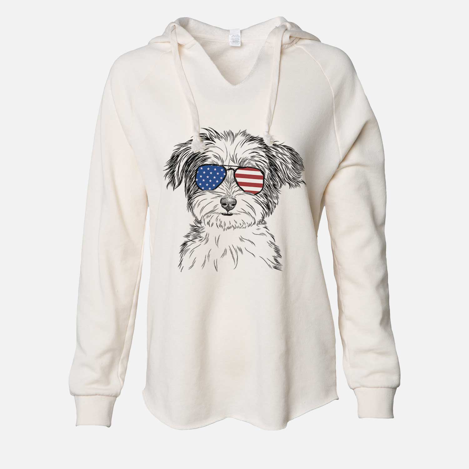 Hand-drawn sketch of Teddy the Havanese wearing American flag sunglasses on a Bone Cali Wave Hooded Sweatshirt