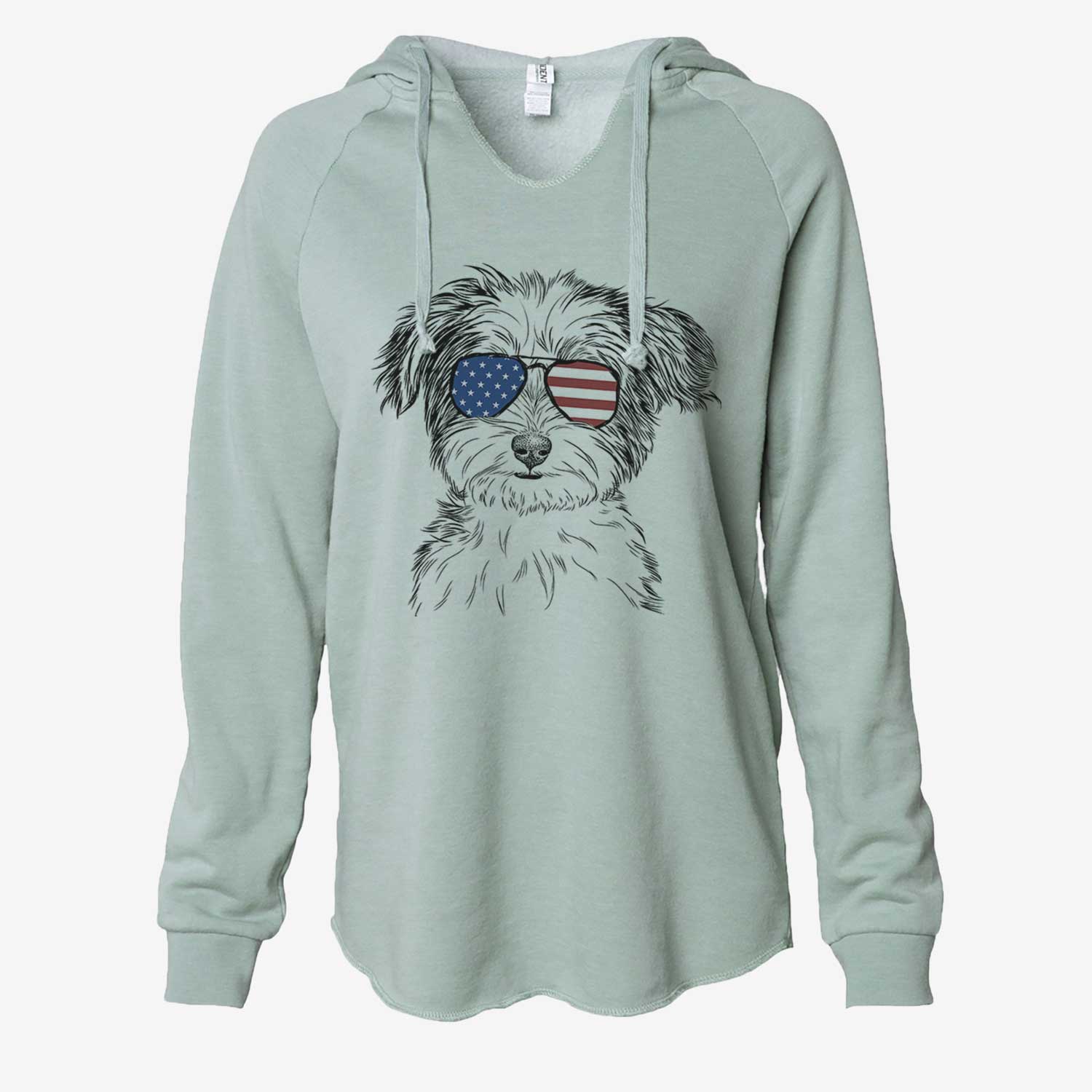Hand-drawn sketch of Teddy the Havanese wearing American flag sunglasses on a Sage Cali Wave Hooded Sweatshirt