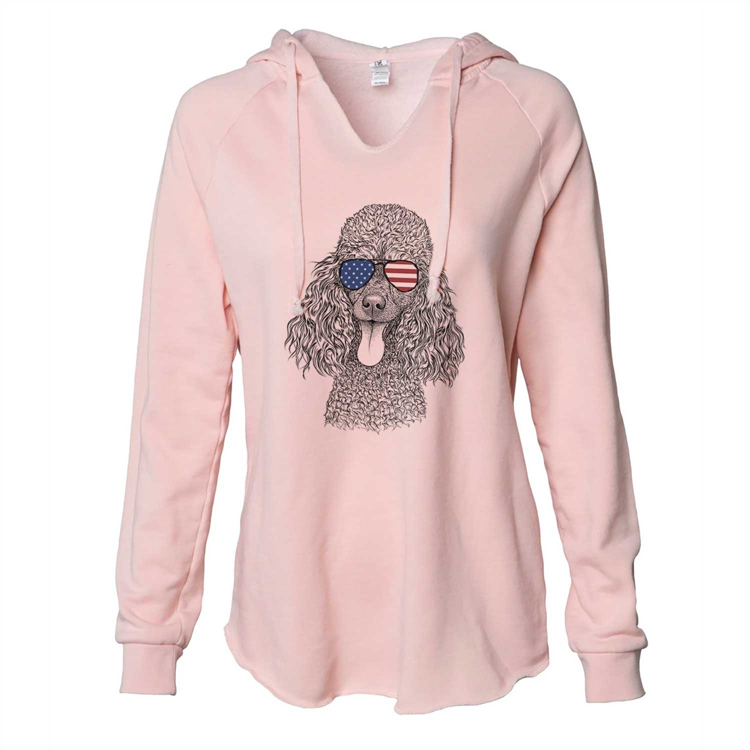 Hand-drawn sketch of Teddy the Mini Poodle wearing American flag sunglasses on a Blush Cali Wave Hooded Sweatshirt
