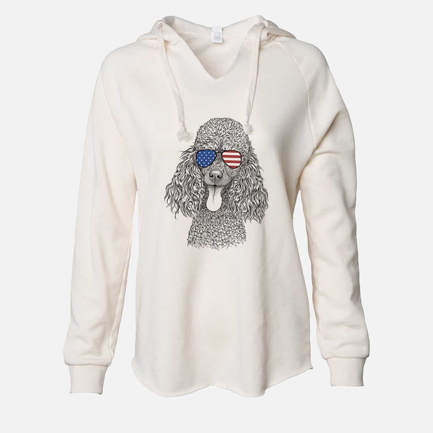 Hand-drawn sketch of Teddy the Mini Poodle wearing American flag sunglasses on a Bone Cali Wave Hooded Sweatshirt