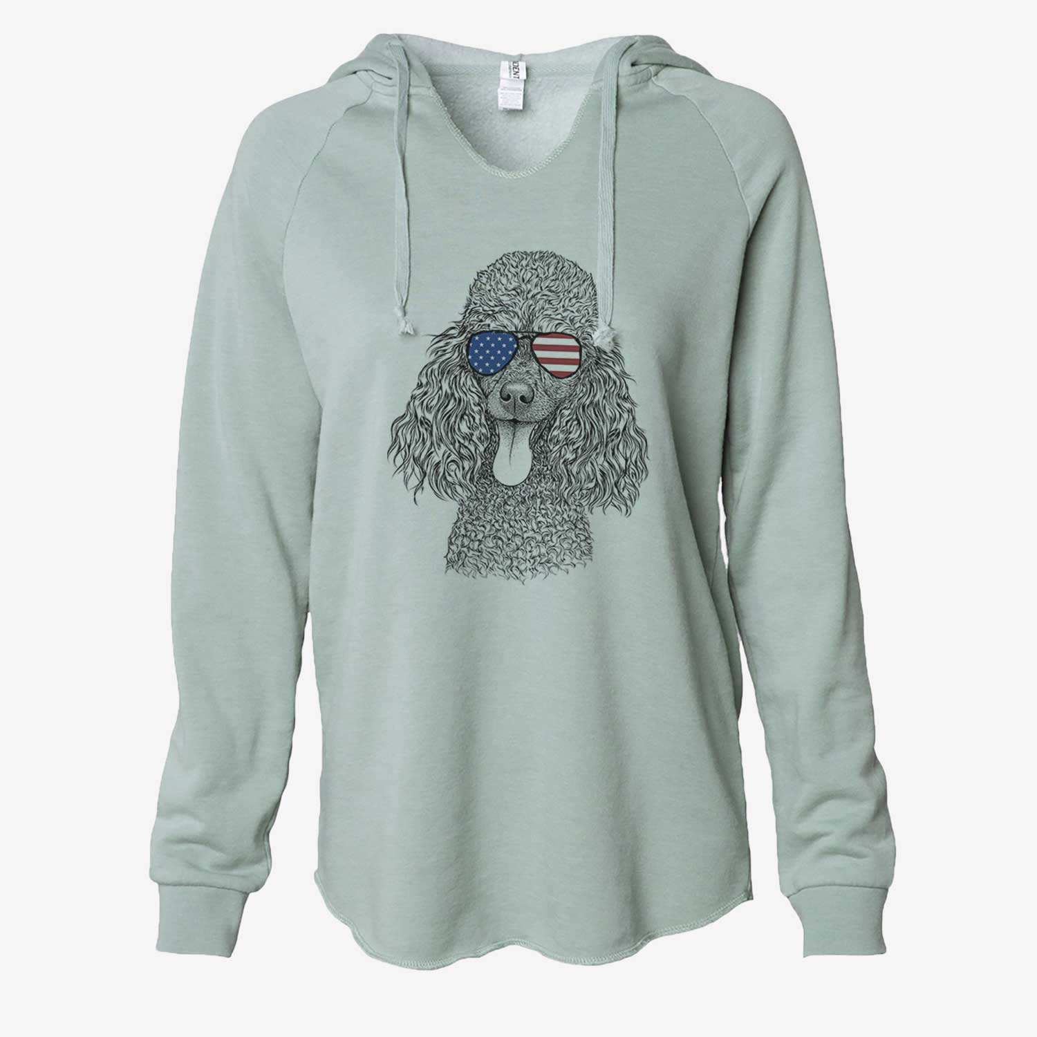 Hand-drawn sketch of Teddy the Mini Poodle wearing American flag sunglasses on a Sage Cali Wave Hooded Sweatshirt