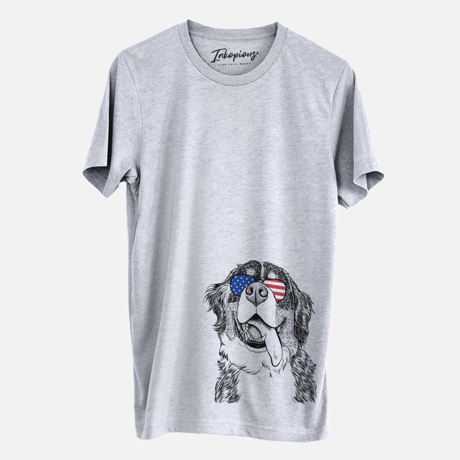 Hand-drawn sketch of Theo the Bernese Mountain Dog wearing American flag sunglasses on a Grey Unisex crewneck