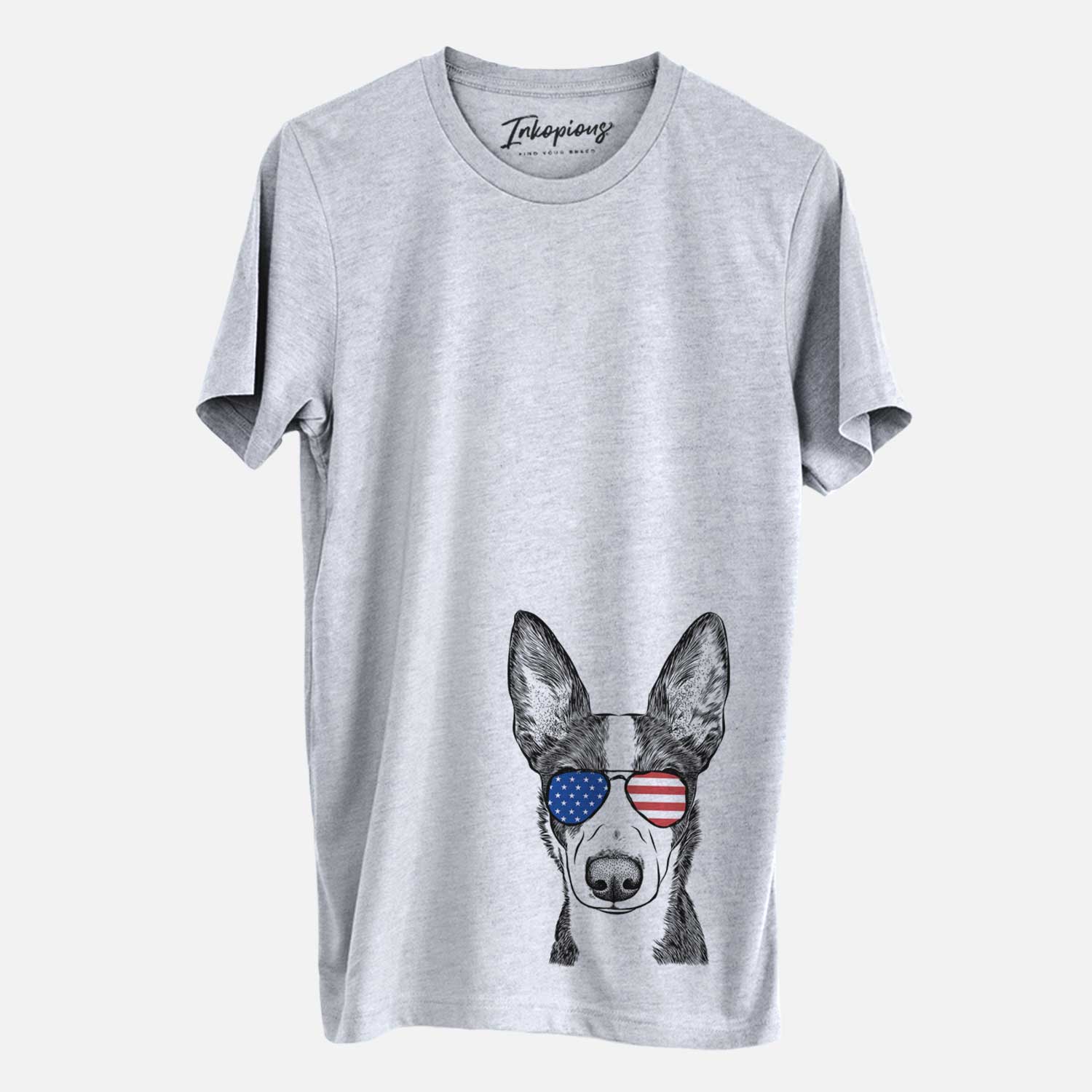 Hand-drawn sketch of Tigm the Bippet wearing American flag sunglasses on a Grey Unisex crewneck