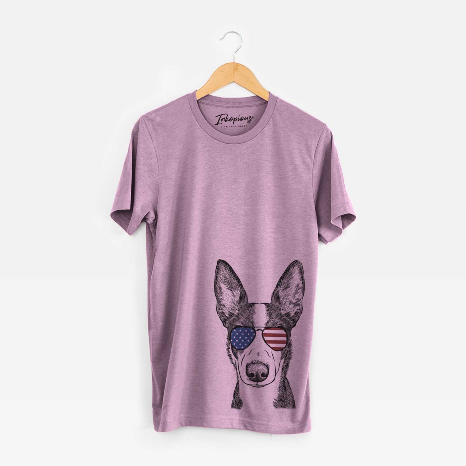 Hand-drawn sketch of Tigm the Bippet wearing American flag sunglasses on an Orchid Unisex crewneck
