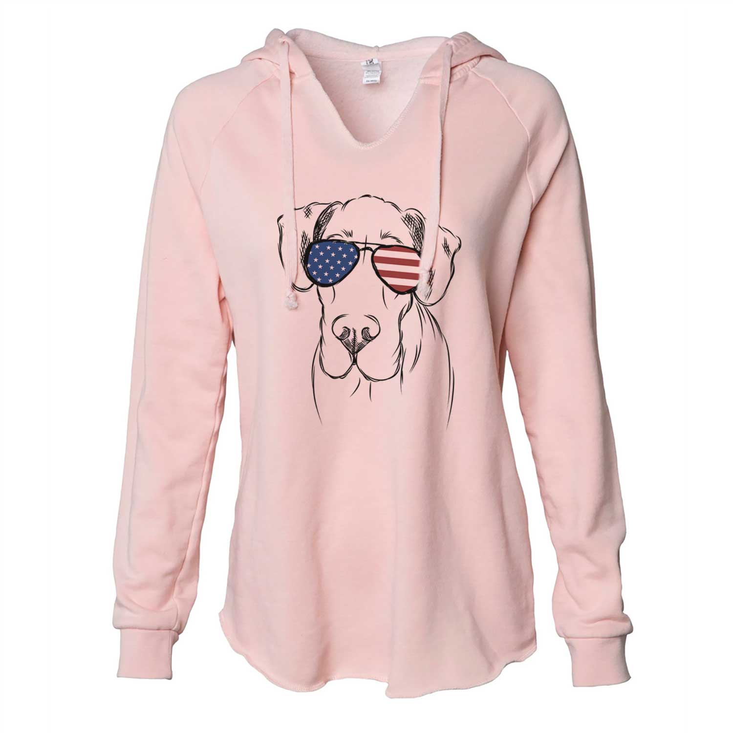 Hand-drawn sketch of Titus the Great Dane wearing American flag sunglasses on a Blush Cali Wave Hooded Sweatshirt