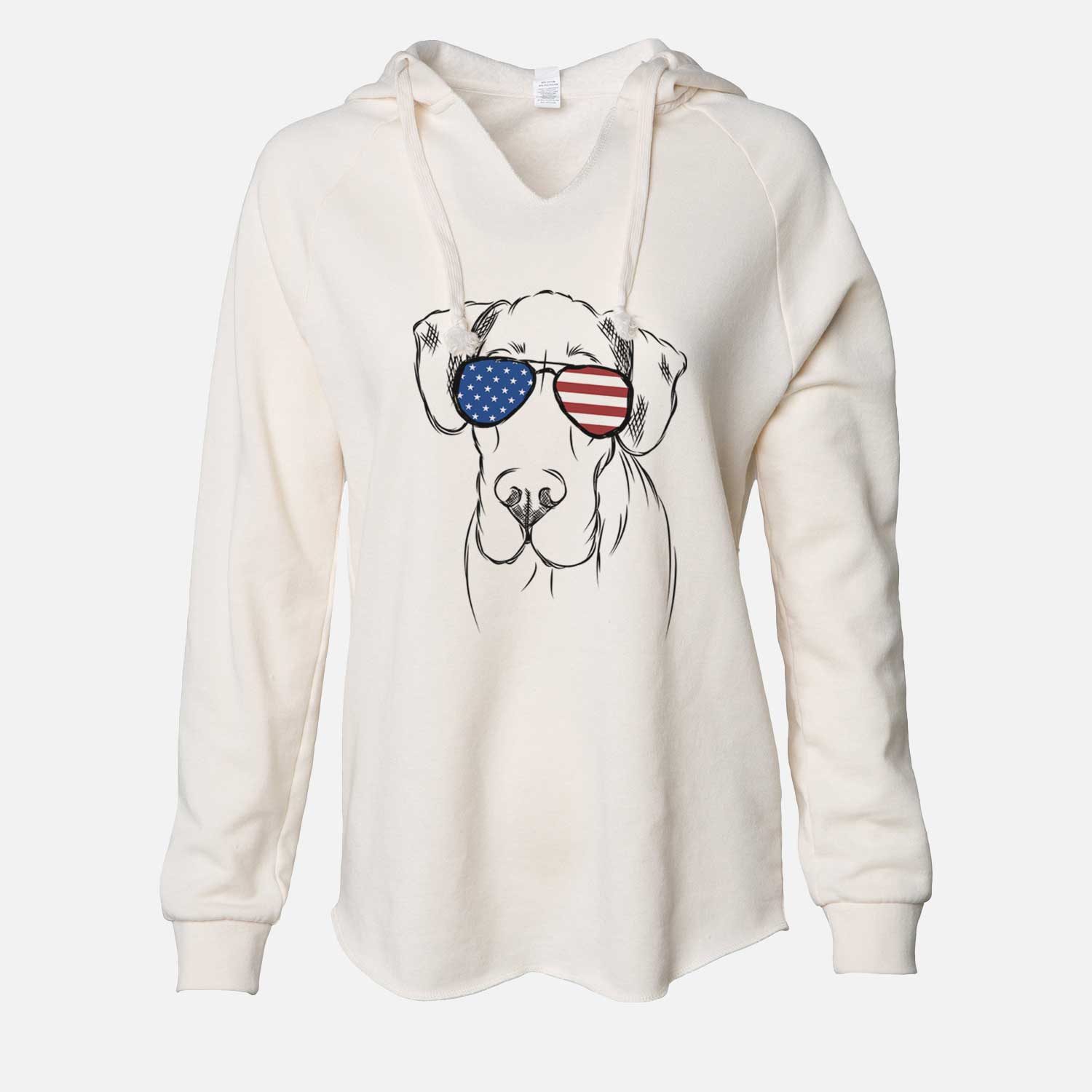 Hand-drawn sketch of Titus the Great Dane wearing American flag sunglasses on a Bone Cali Wave Hooded Sweatshirt
