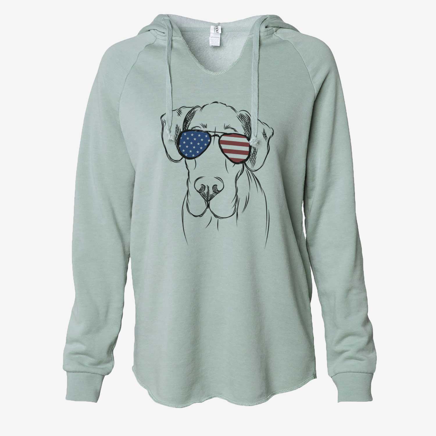 Hand-drawn sketch of Titus the Great Dane wearing American flag sunglasses on a Sage Cali Wave Hooded Sweatshirt