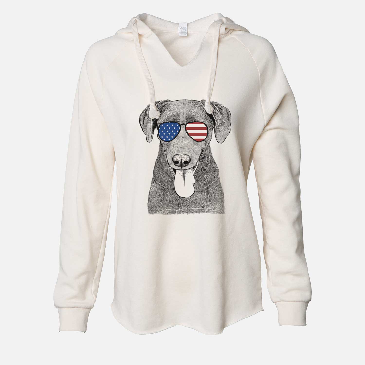 Hand-drawn sketch of Tobes the Chocolate Lab wearing American flag sunglasses on a Bone Cali Wave Hooded Sweatshirt