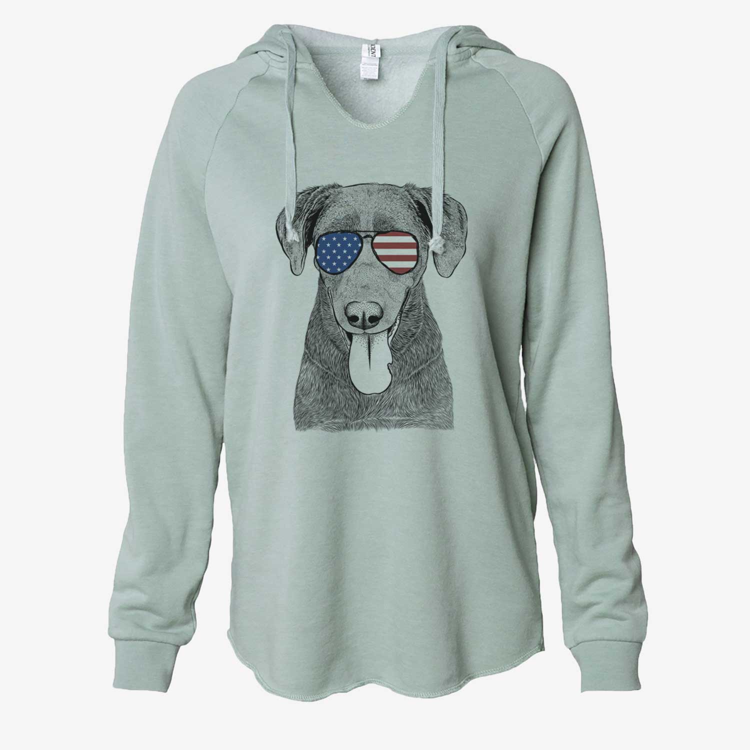 Hand-drawn sketch of Tobes the Chocolate Lab wearing American flag sunglasses on a Sage Cali Wave Hooded Sweatshirt