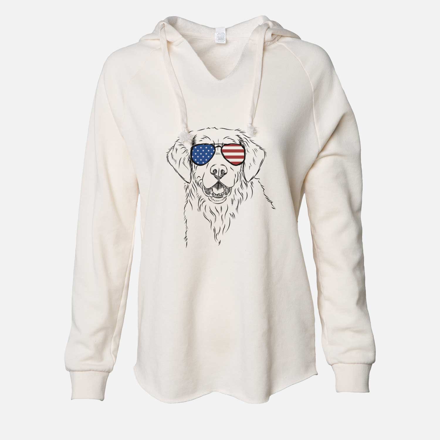Hand-drawn sketch of Toby the Golden Retriever wearing American flag sunglasses on a Bone Cali Wave Hooded Sweatshirt