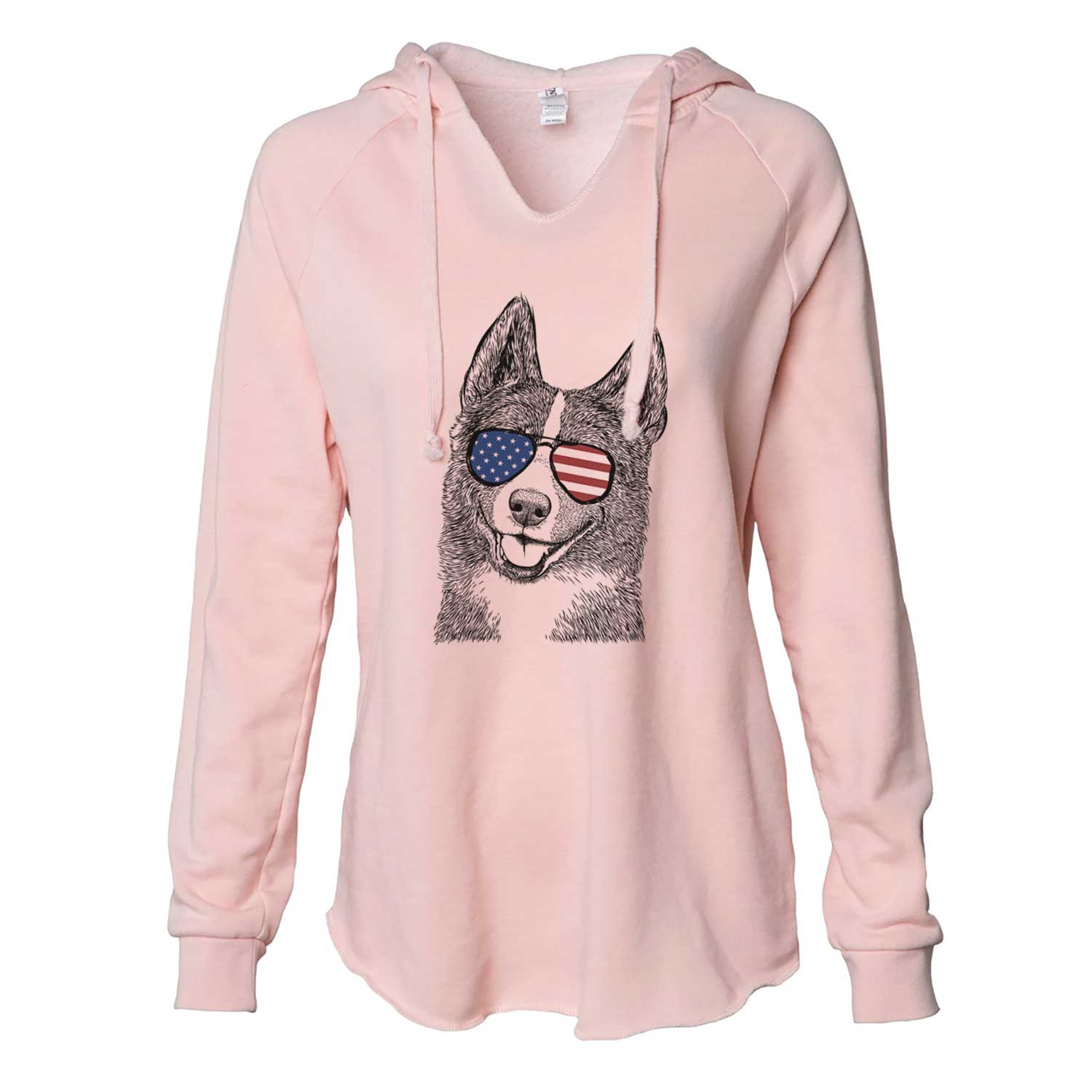 Hand-drawn sketch of Tosca the Karelian Bear Dog wearing American flag sunglasses on a Blush Cali Wave Hooded Sweatshirt