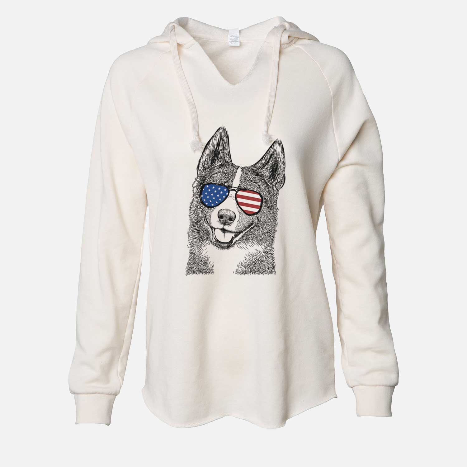 Hand-drawn sketch of Tosca the Karelian Bear Dog wearing American flag sunglasses on a Bone Cali Wave Hooded Sweatshirt
