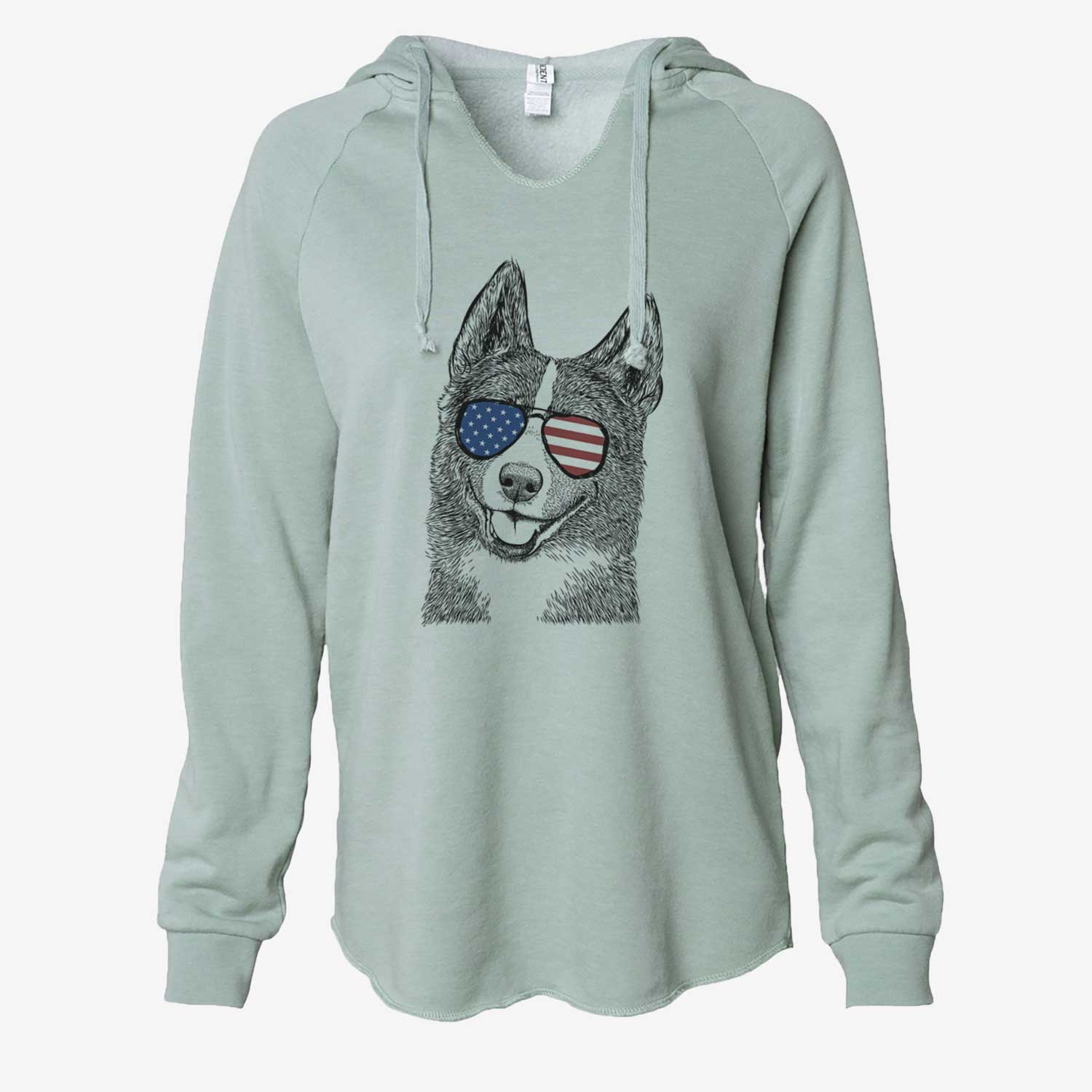 Hand-drawn sketch of Tosca the Karelian Bear Dog wearing American flag sunglasses on a Sage Cali Wave Hooded Sweatshirt