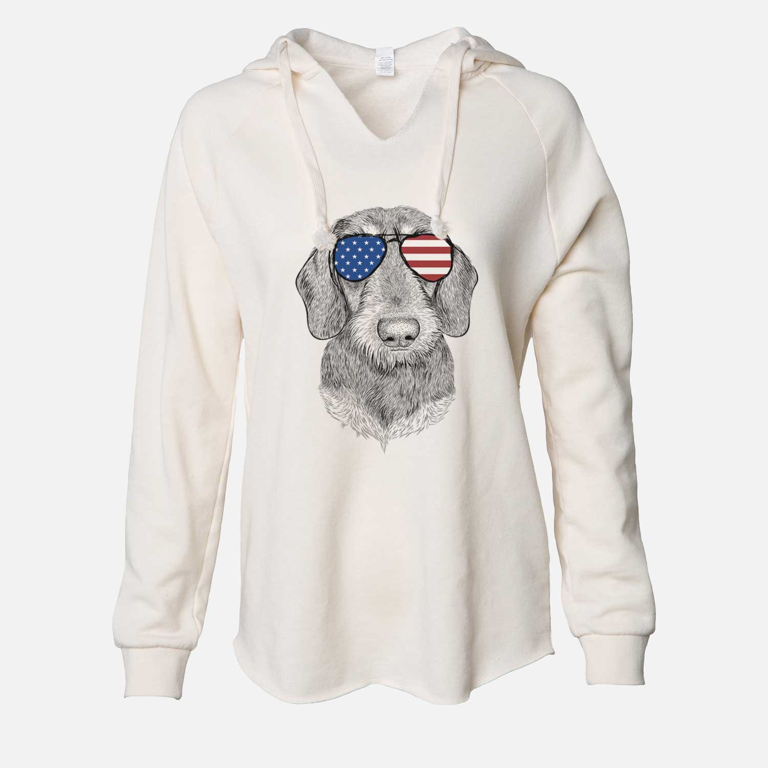 Hand-drawn sketch of Truman the Wirehaired Dachshund wearing American flag sunglasses on a Bone Cali Wave Hooded Sweatshirt