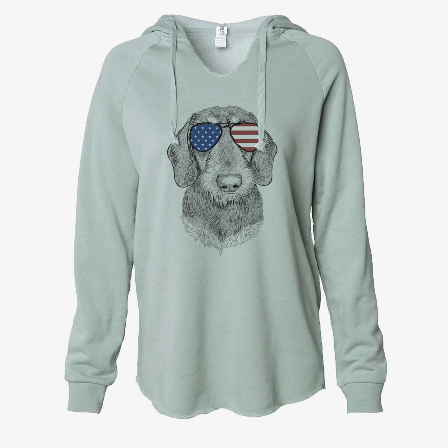 Hand-drawn sketch of Truman the Wirehaired Dachshund wearing American flag sunglasses on a Sage Cali Wave Hooded Sweatshirt