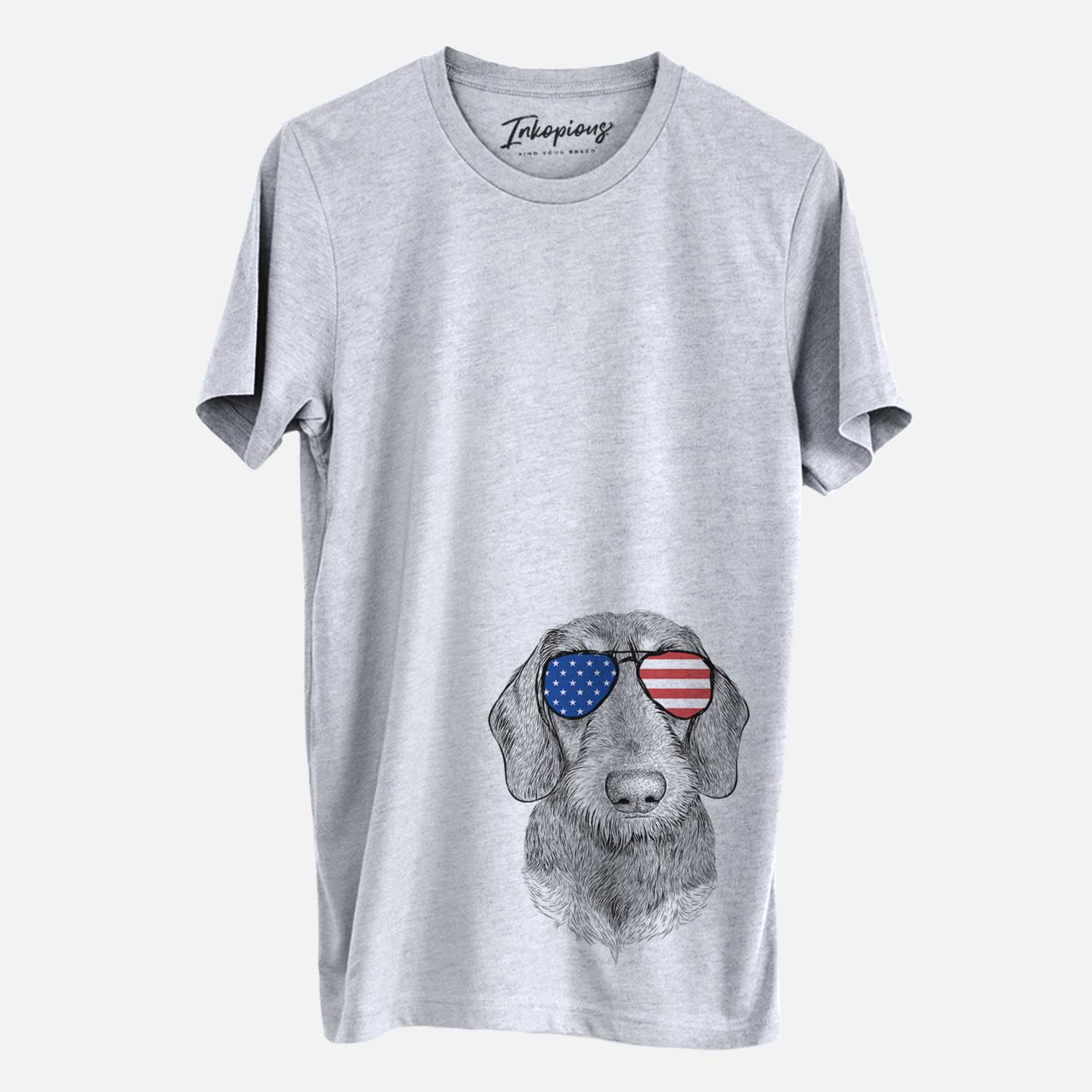 Hand-drawn sketch of Truman the Wirehaired Dachshund wearing American flag sunglasses on a Grey Unisex crewneck