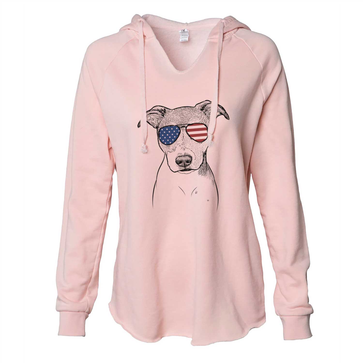 Hand-drawn sketch of Tula the American Staffordshire Terrier Heeler Mix wearing American flag sunglasses on a Blush Cali Wave Hooded Sweatshirt