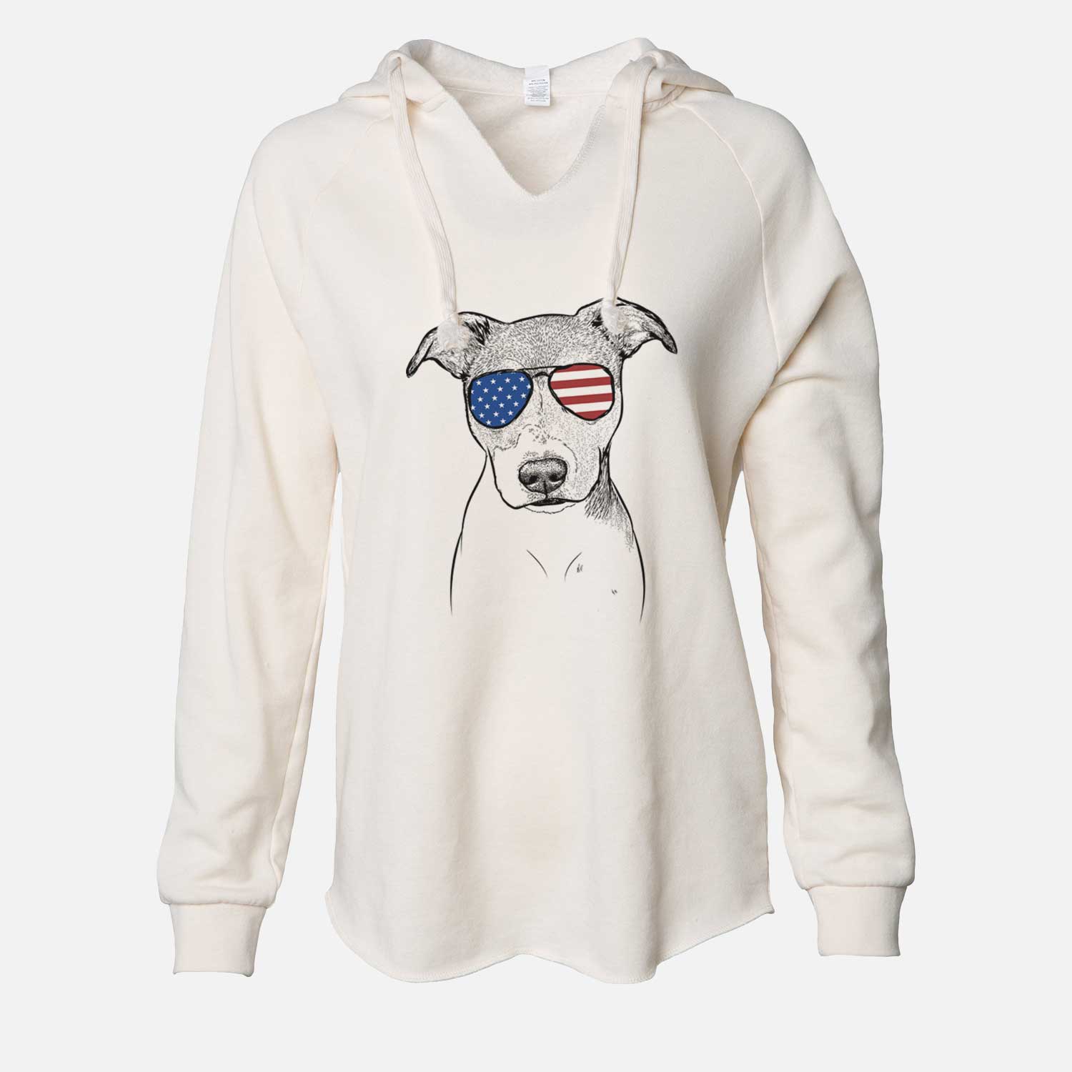 Hand-drawn sketch of Tula the American Staffordshire Terrier Heeler Mix wearing American flag sunglasses on a Bone Cali Wave Hooded Sweatshirt