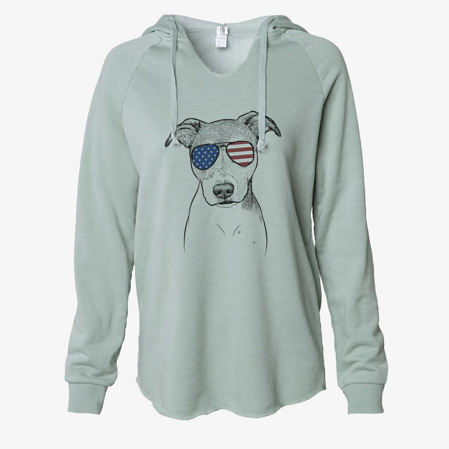 Hand-drawn sketch of Tula the American Staffordshire Terrier Heeler Mix wearing American flag sunglasses on a Sage Cali Wave Hooded Sweatshirt