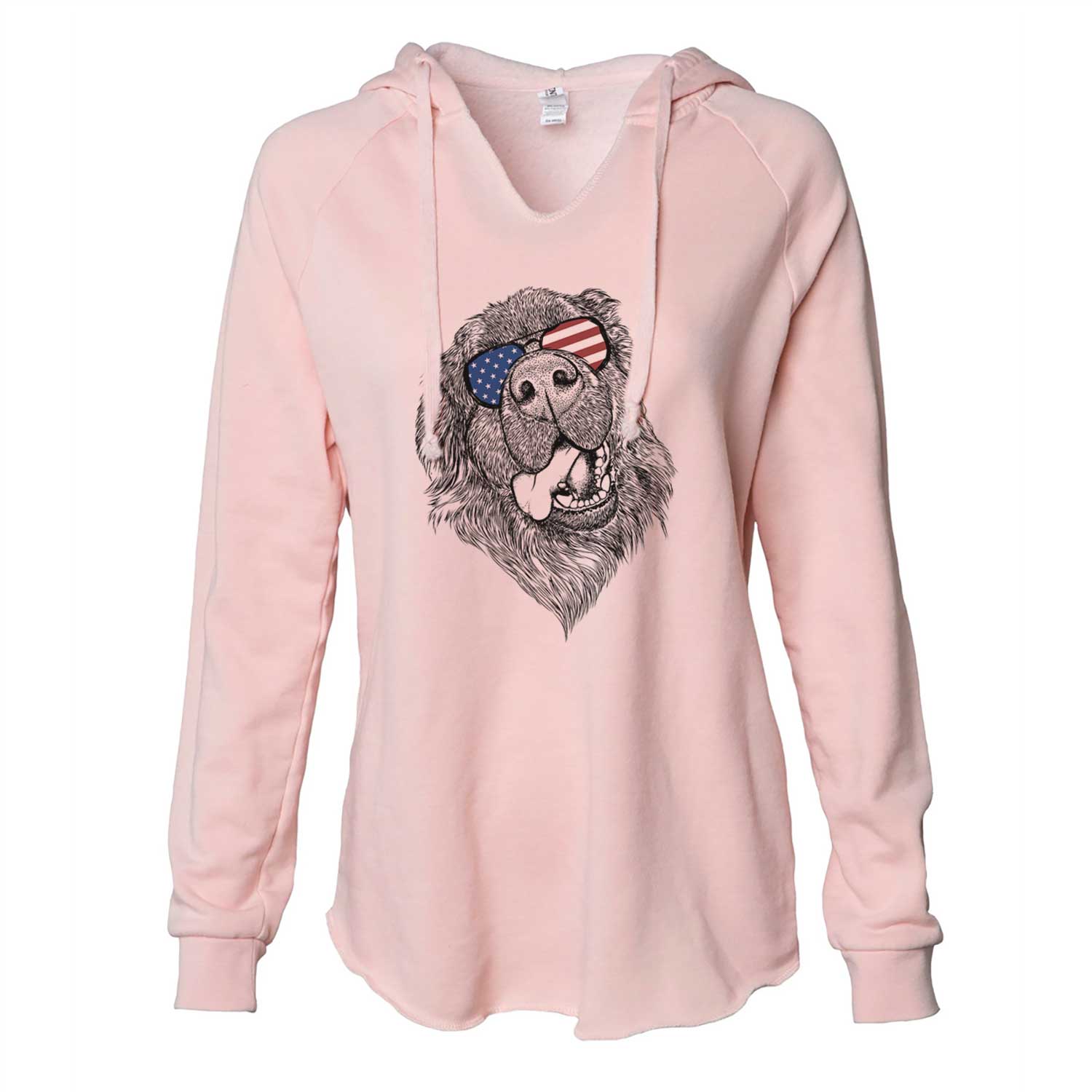 Hand-drawn sketch of Tuna the Newfoundland wearing American flag sunglasses on a Blush Cali Wave Hooded Sweatshirt