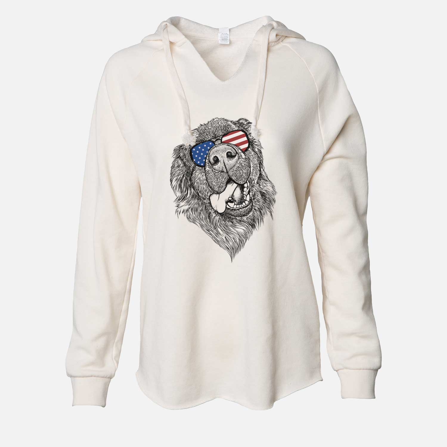 Hand-drawn sketch of Tuna the Newfoundland wearing American flag sunglasses on a Bone Cali Wave Hooded Sweatshirt