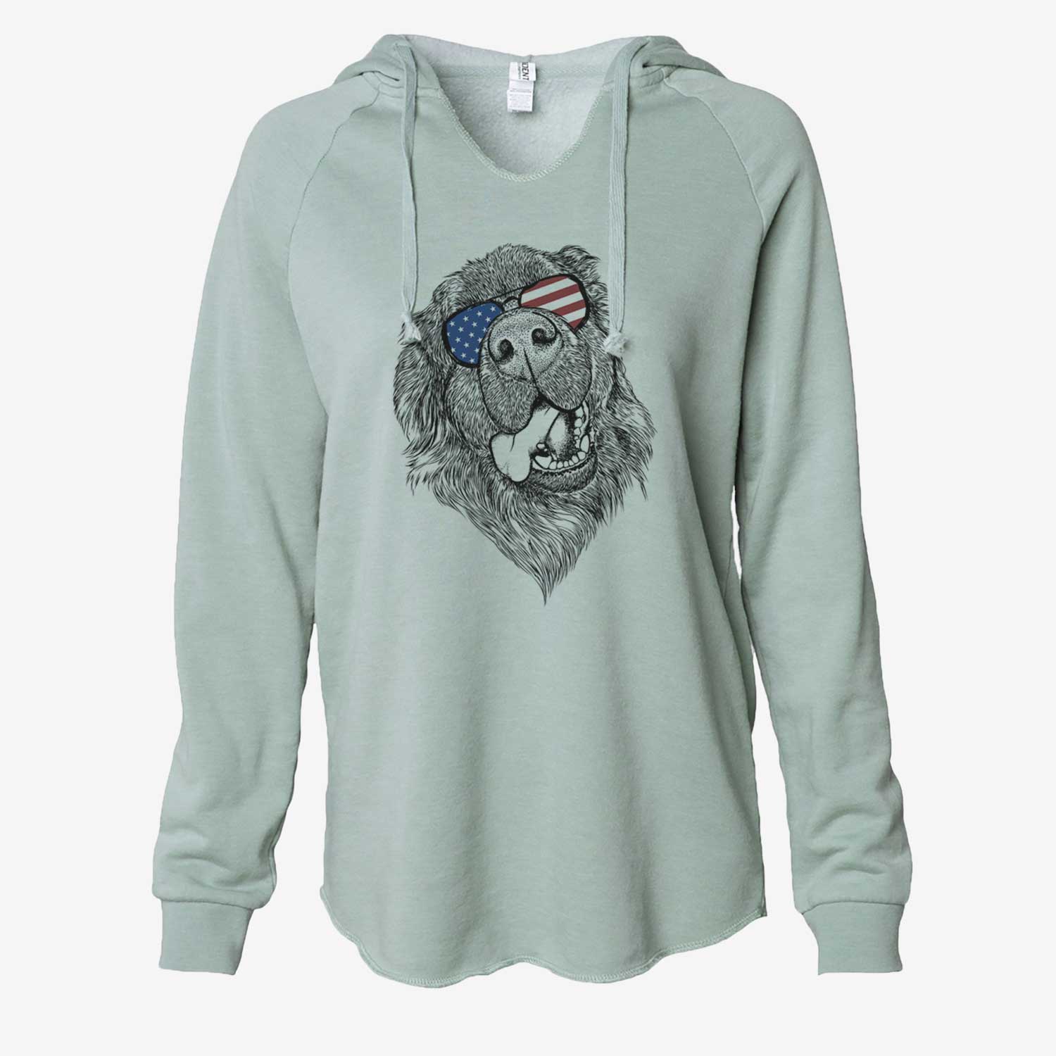 Hand-drawn sketch of Tuna the Newfoundland wearing American flag sunglasses on a Sage Cali Wave Hooded Sweatshirt