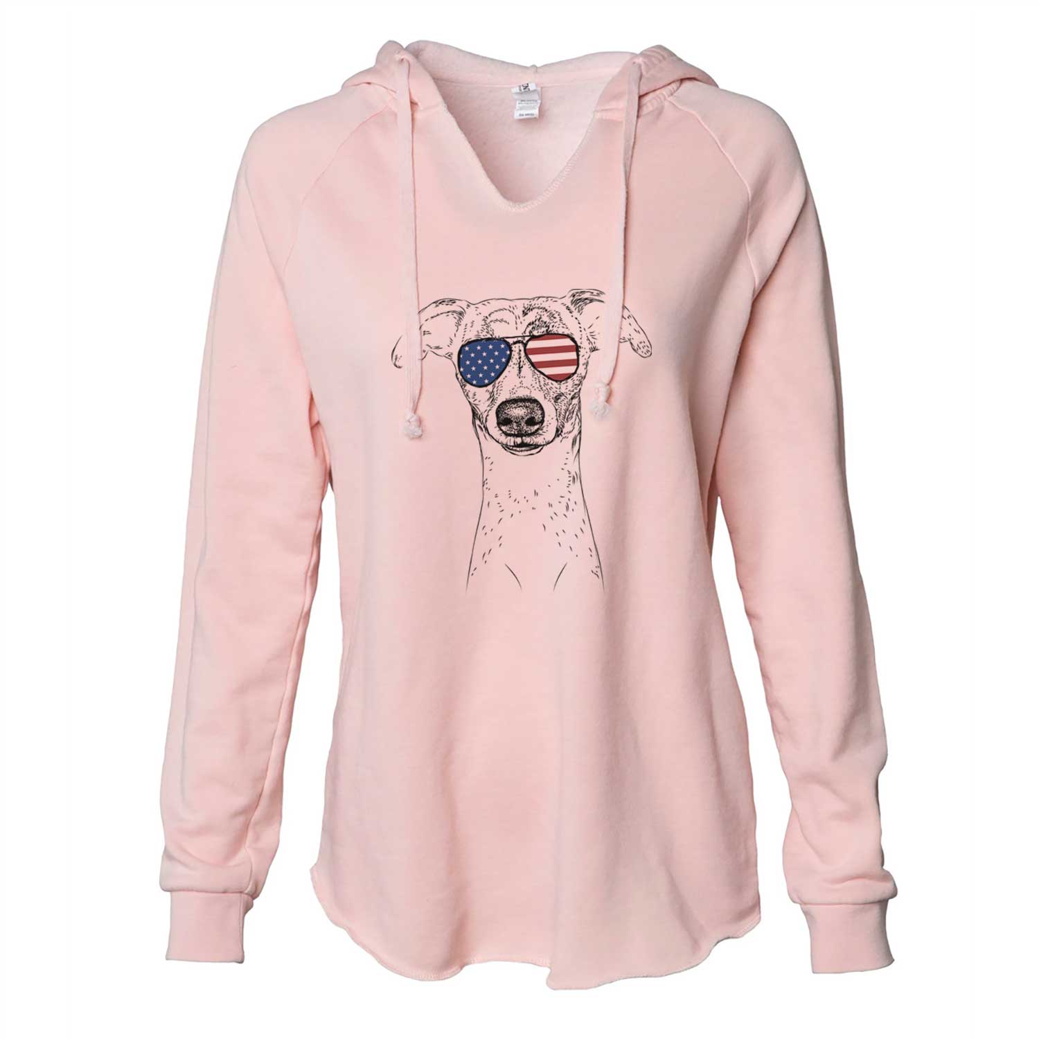 Hand-drawn sketch of Twiggy the Whippet wearing American flag sunglasses on a Blush Cali Wave Hooded Sweatshirt