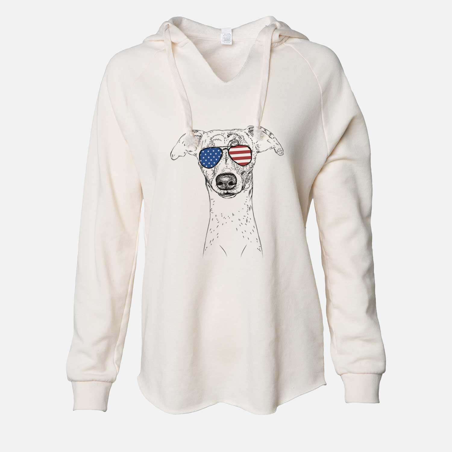 Hand-drawn sketch of Twiggy the Whippet wearing American flag sunglasses on a Bone Cali Wave Hooded Sweatshirt