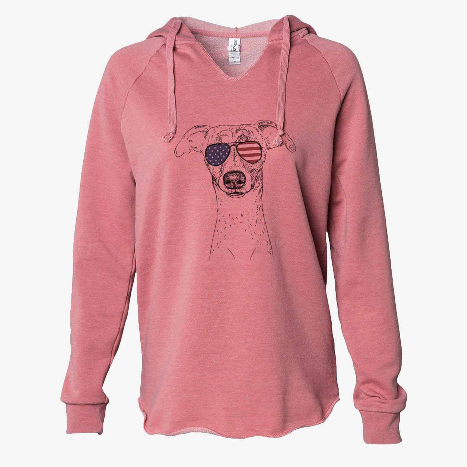 Hand-drawn sketch of Twiggy the Whippet wearing American flag sunglasses on a Dusty Rose Cali Wave Hooded Sweatshirt