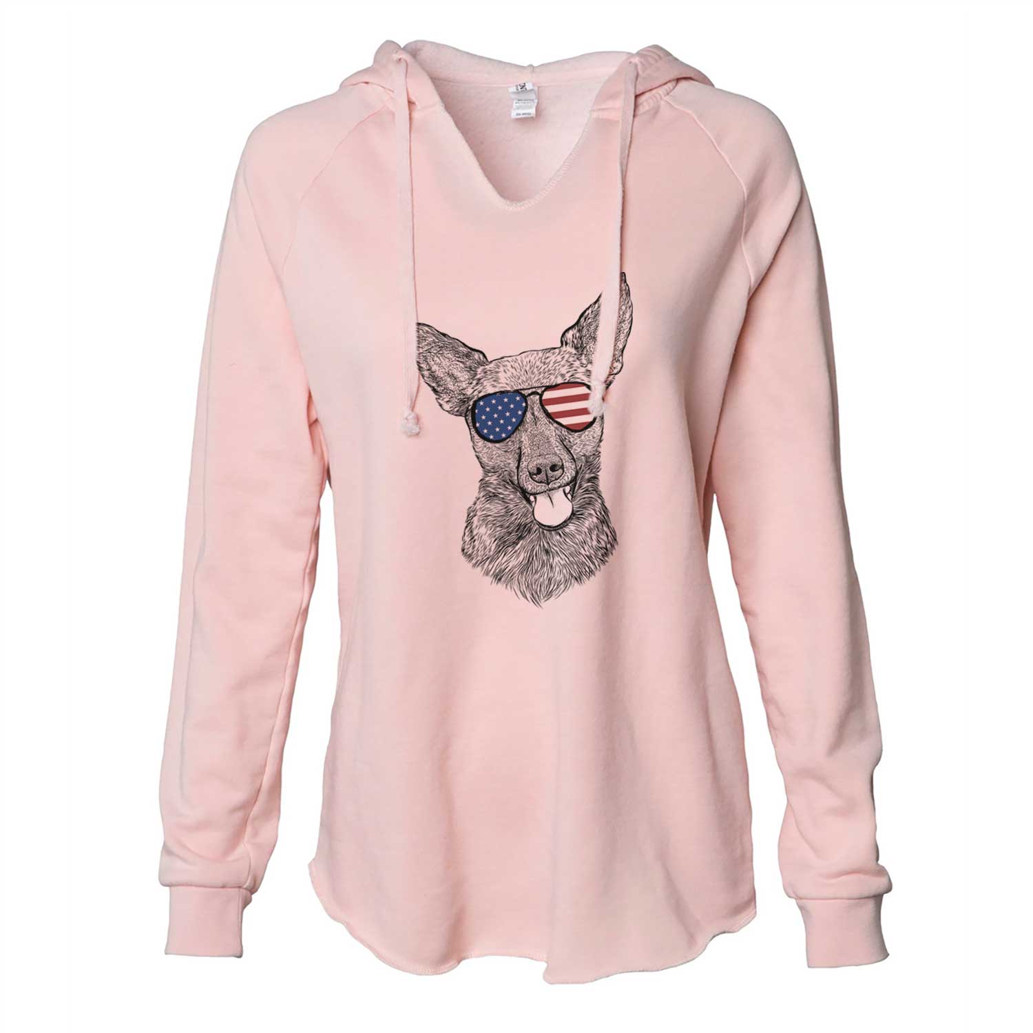 Hand-drawn sketch of Ursa the Mixed Breed wearing American flag sunglasses on a Blush Cali Wave Hooded Sweatshirt