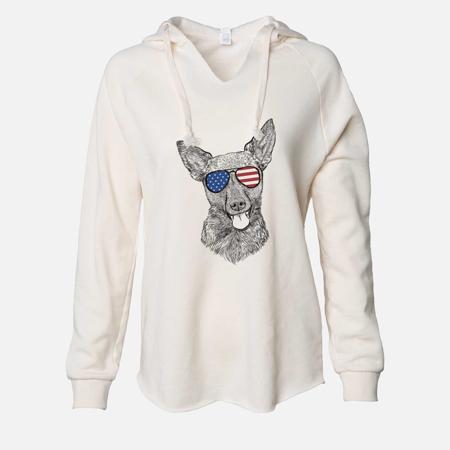 Hand-drawn sketch of Ursa the Mixed Breed wearing American flag sunglasses on a Bone Cali Wave Hooded Sweatshirt