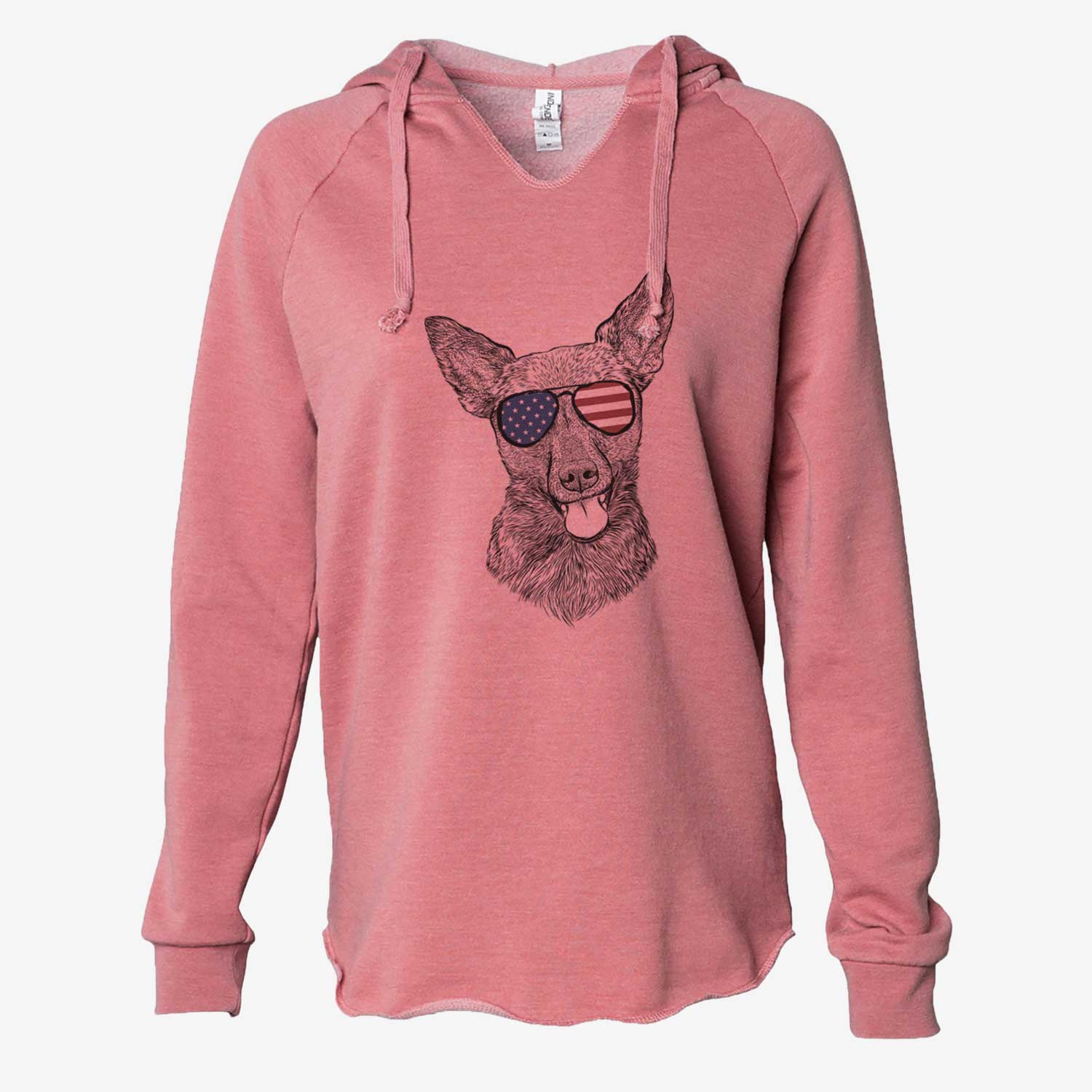 Hand-drawn sketch of Ursa the Mixed Breed wearing American flag sunglasses on a Dusty Rose Cali Wave Hooded Sweatshirt