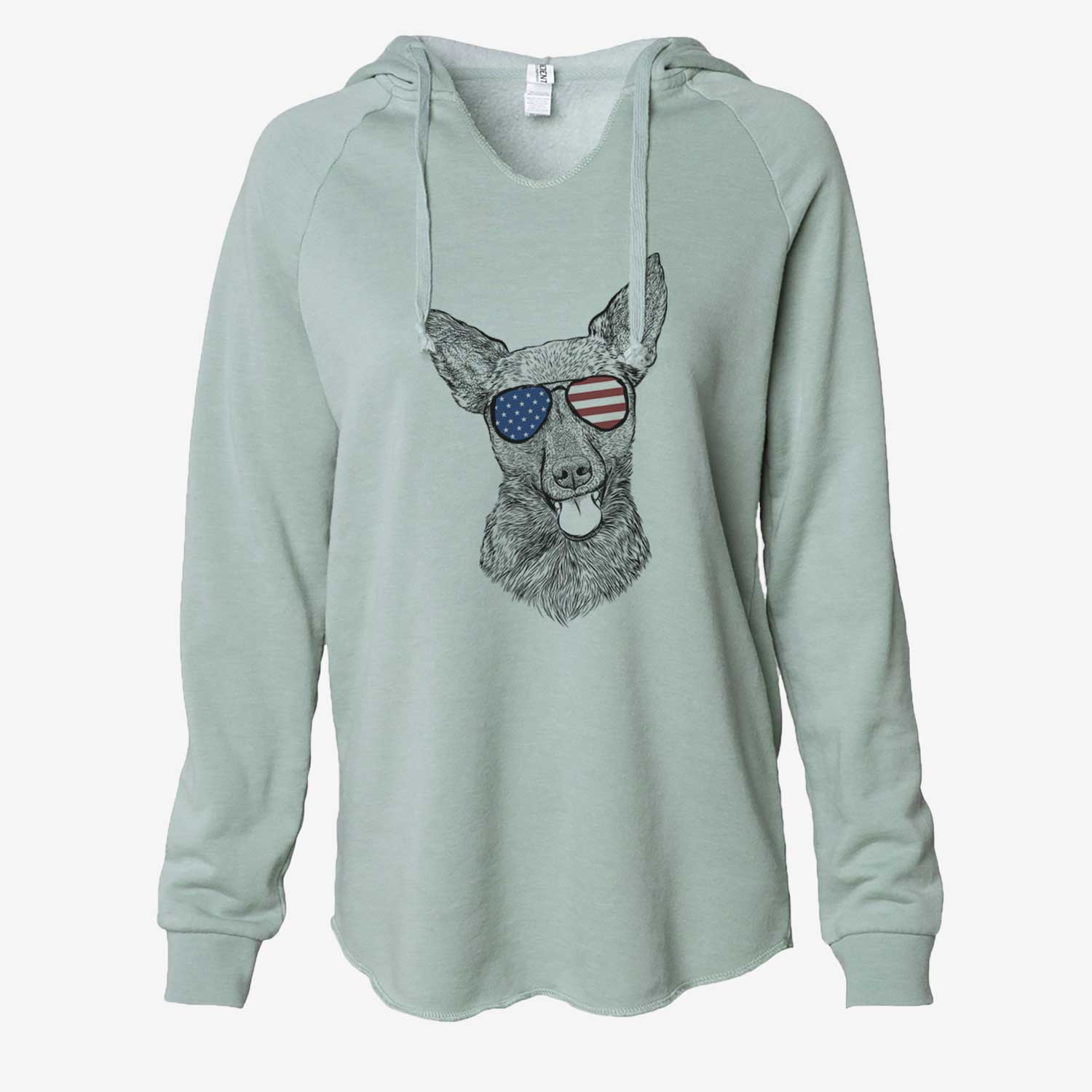 Hand-drawn sketch of Ursa the Mixed Breed wearing American flag sunglasses on a Sage Cali Wave Hooded Sweatshirt