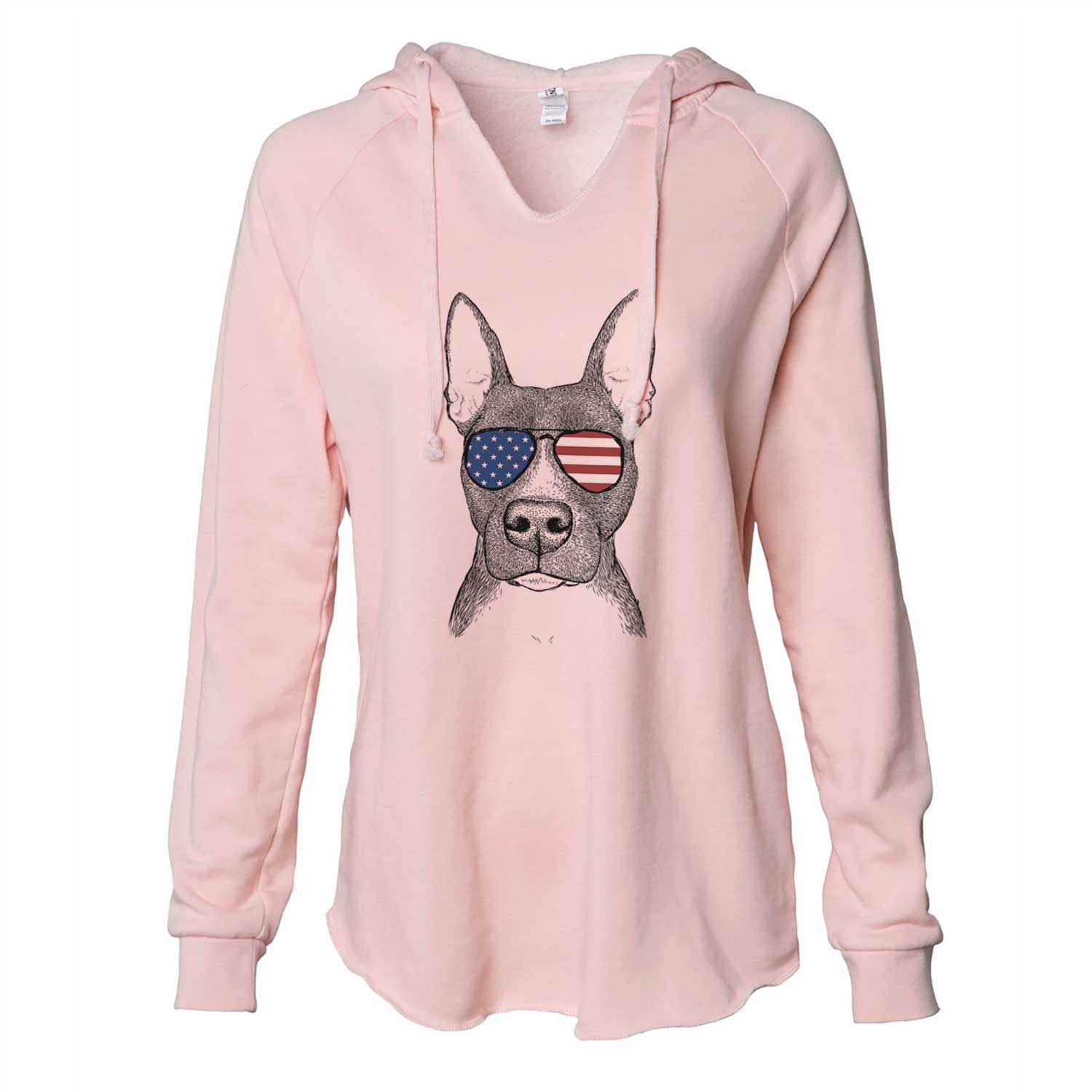 Hand-drawn sketch of Violet the Pitbull wearing American flag sunglasses on a Blush Cali Wave Hooded Sweatshirt