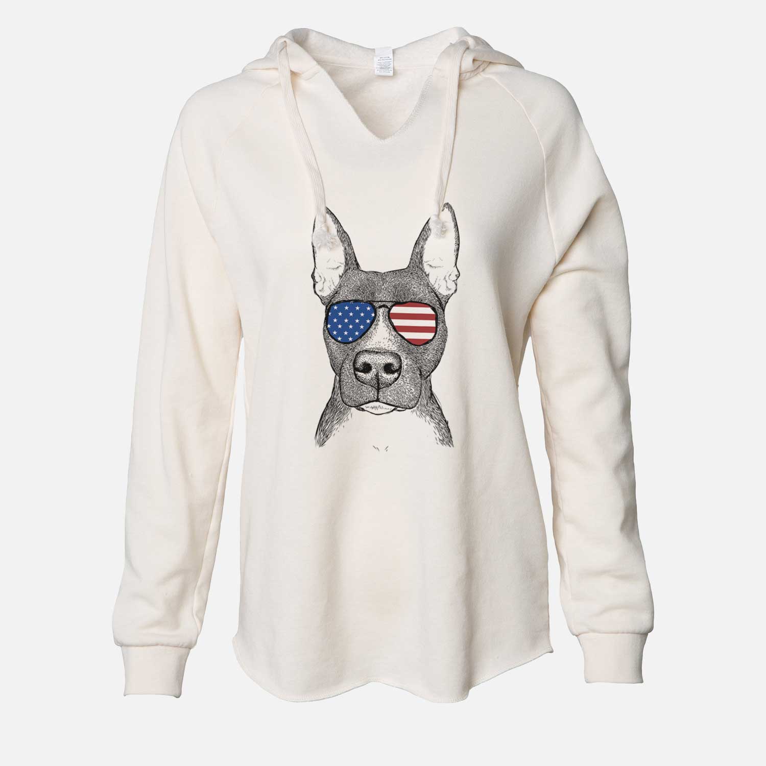 Hand-drawn sketch of Violet the Pitbull wearing American flag sunglasses on a Bone Cali Wave Hooded Sweatshirt