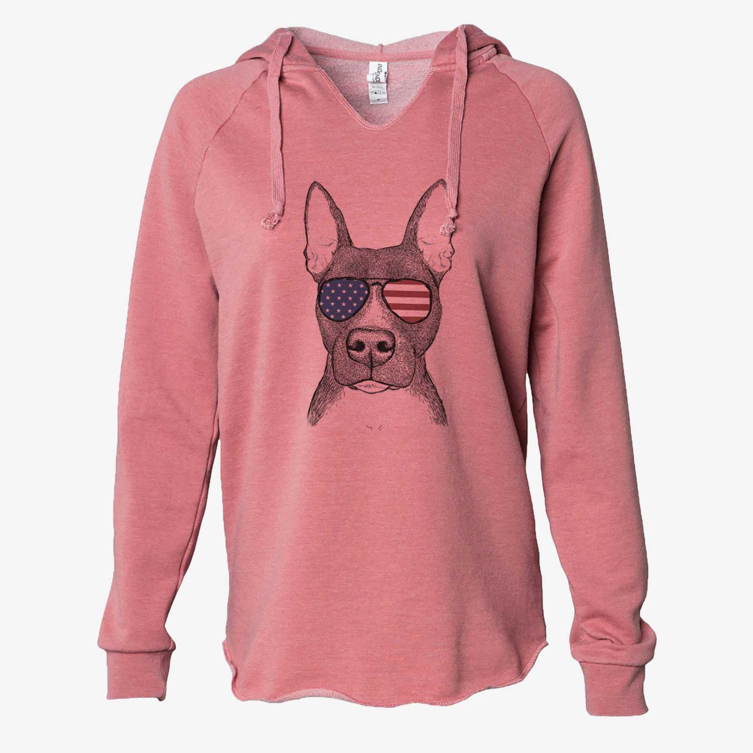 Hand-drawn sketch of Violet the Pitbull wearing American flag sunglasses on a Dusty Rose Cali Wave Hooded Sweatshirt