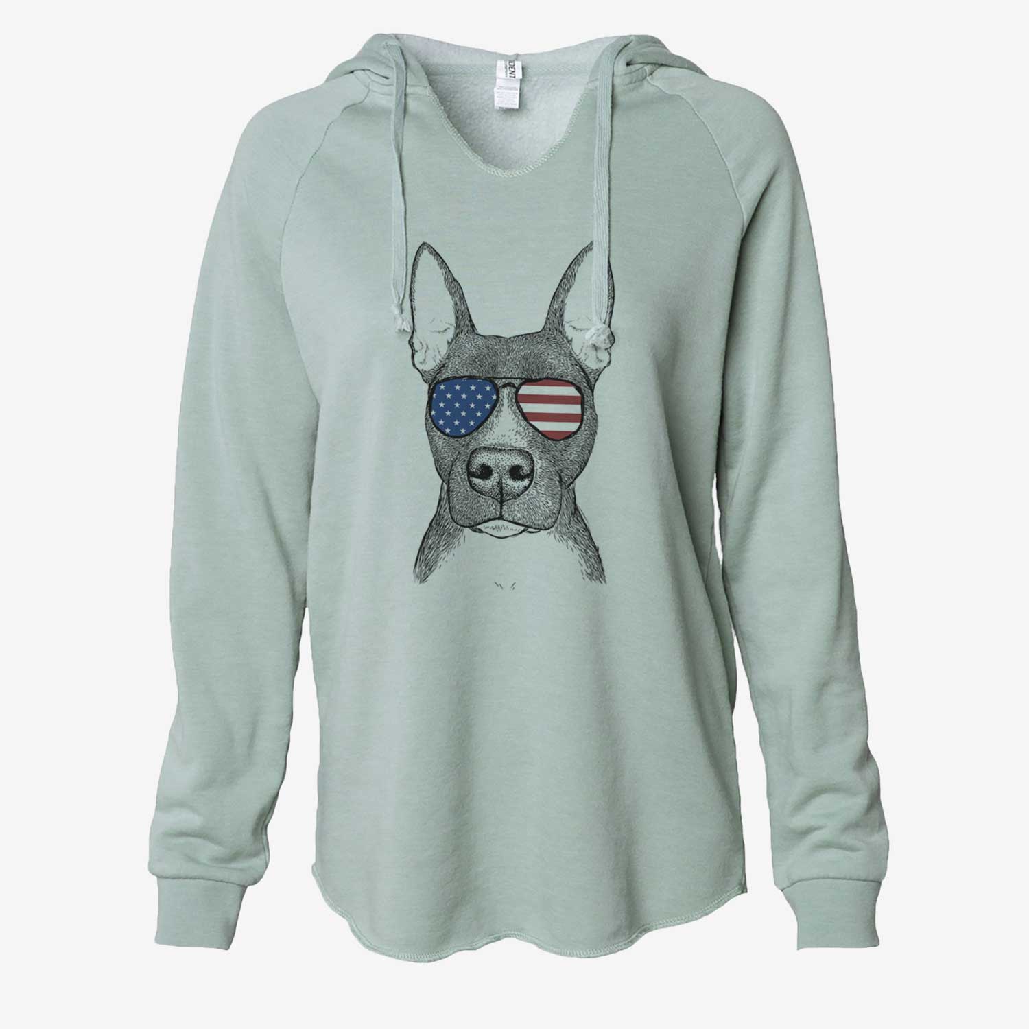 Hand-drawn sketch of Violet the Pitbull wearing American flag sunglasses on a Sage Cali Wave Hooded Sweatshirt